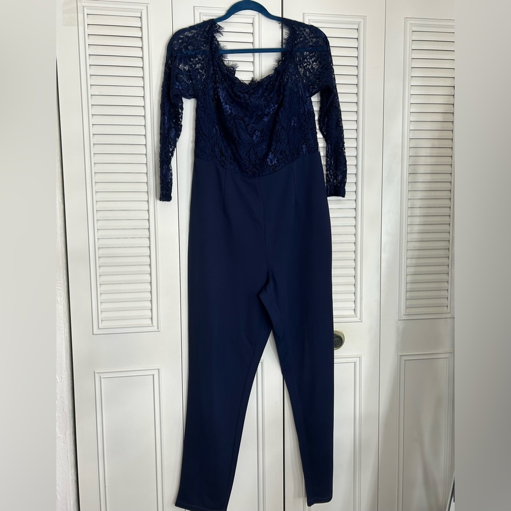 SHEIN | Plush Off Shoulder Lace Bodice Self Belt Jump Suit | Size OXL | Blue